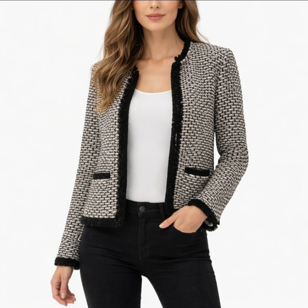 Tahari Wool Blend Tweed Jacket Black White Bouclé Fringe Trim Sz Sm
